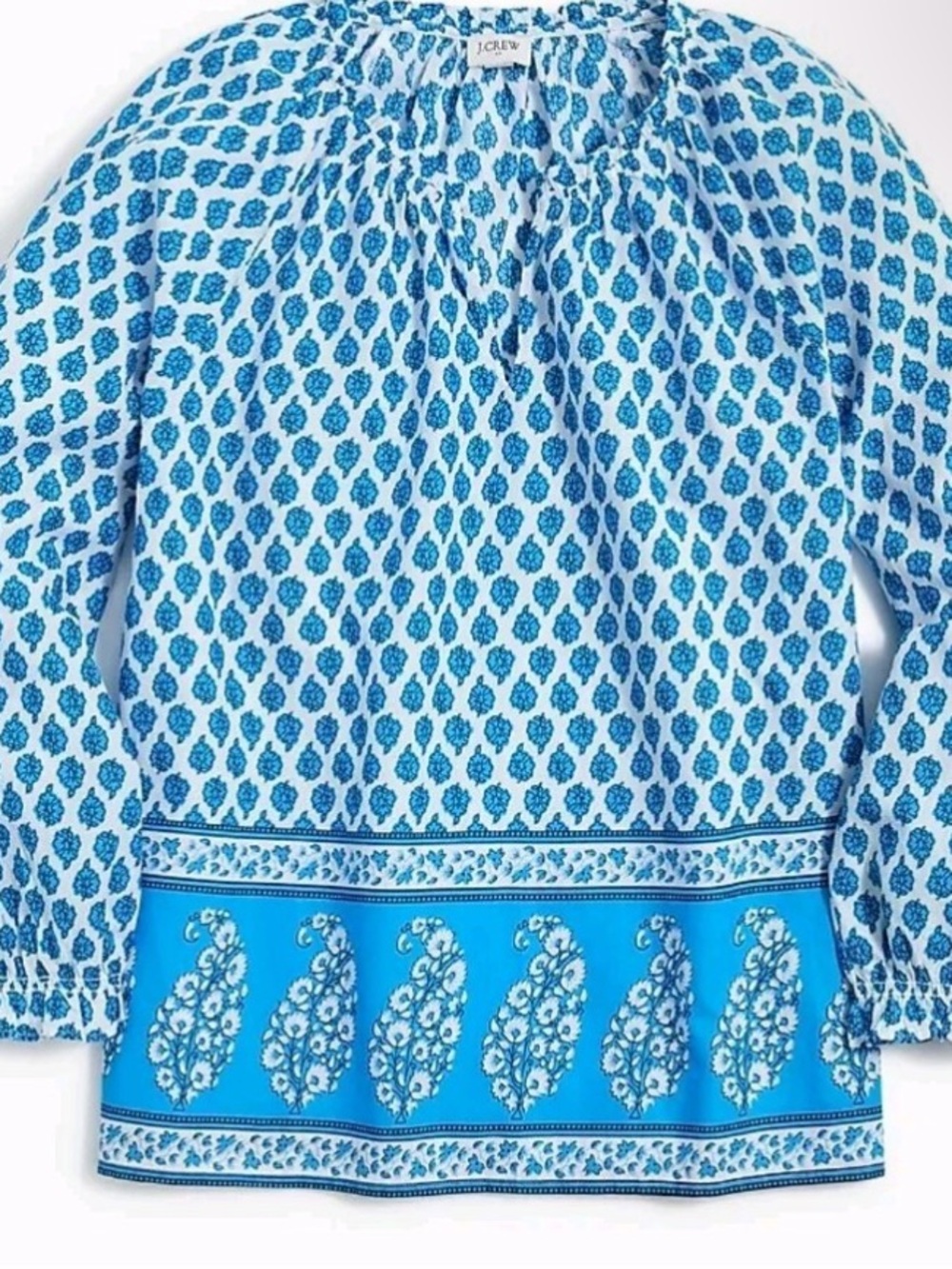 J.Crew Blue and White Printed Peasant Tunic Cotton Long Sleeves Blouse sz М